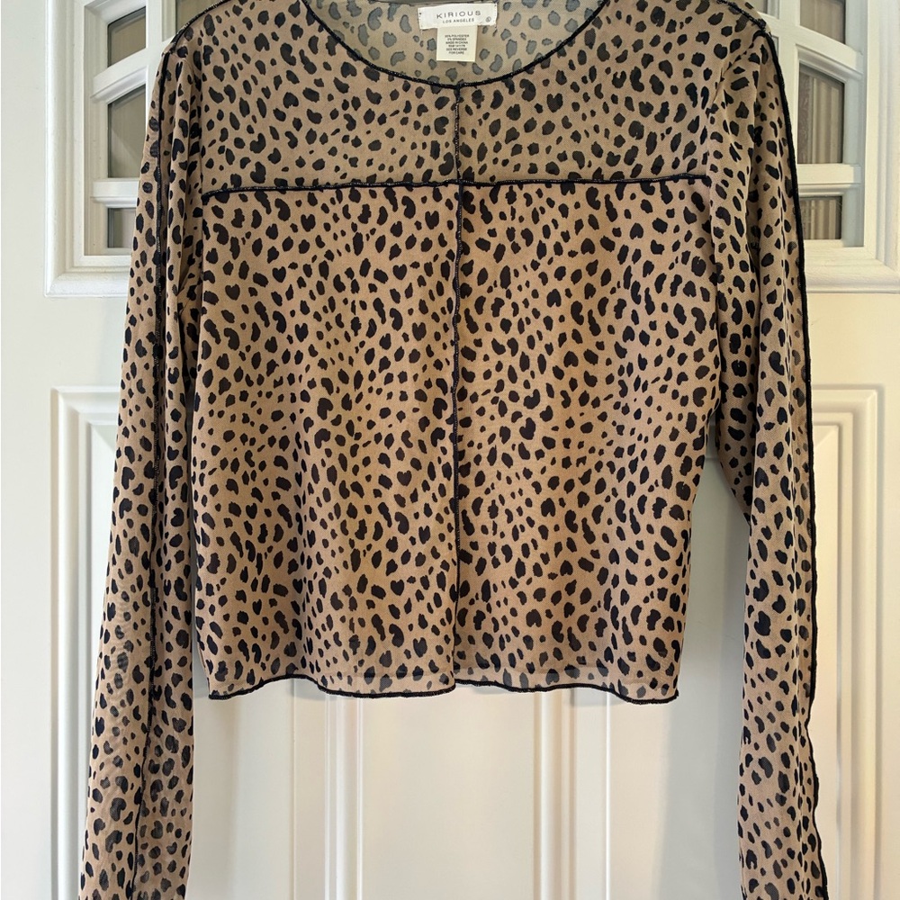 KIRÚB Tan Leopard Print Long-Sleeve Mesh Blouse